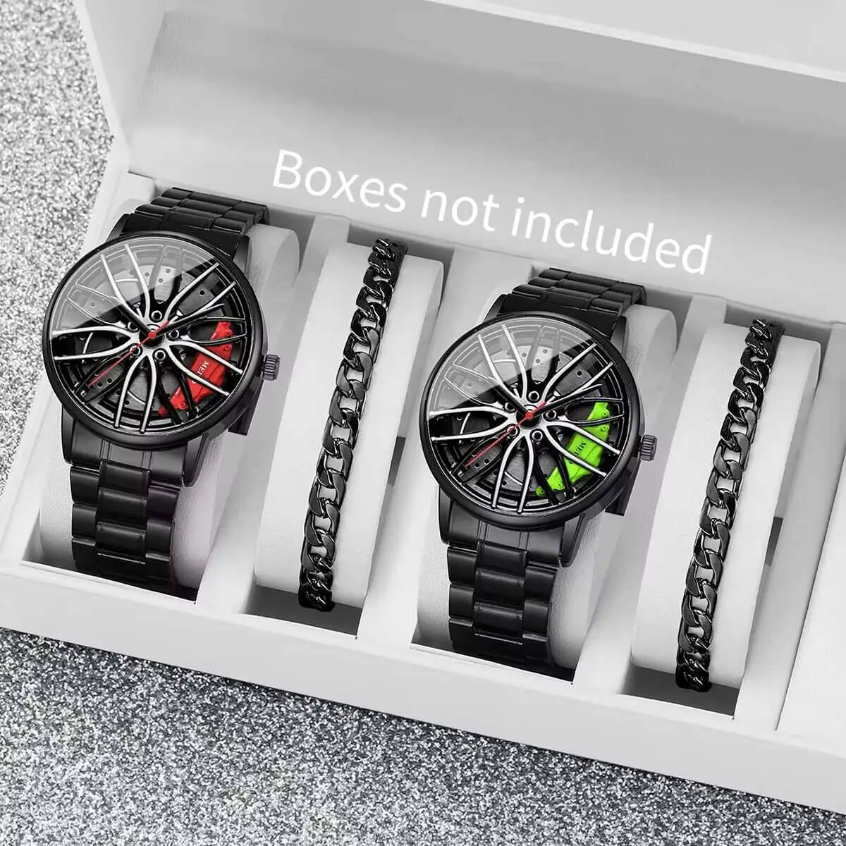 2/4PCS Fashion 3D Car Wheel Dial Men Sports Watches Luxury Stainless Steel Band Quartz Watch Bracelet Set（Without Box）