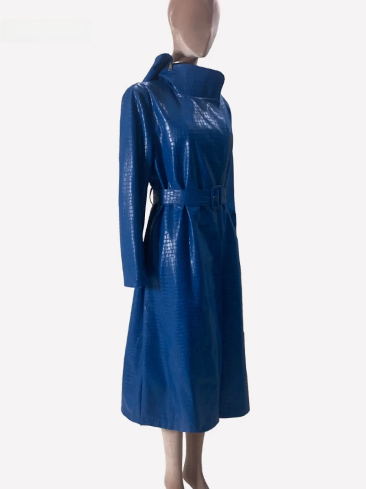 Blue Shiny Alligator Pattern PU Leather Jacket Women's Long Loose High-End Feel Coat Detachable Cap Commute Style Fashionable