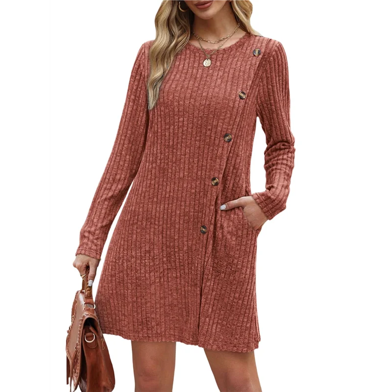 

FBIL-Платье с длинными рукавами для женщин, туника, платья-свитер с карманами, модные пуговицы, боковой кирпично-красный L