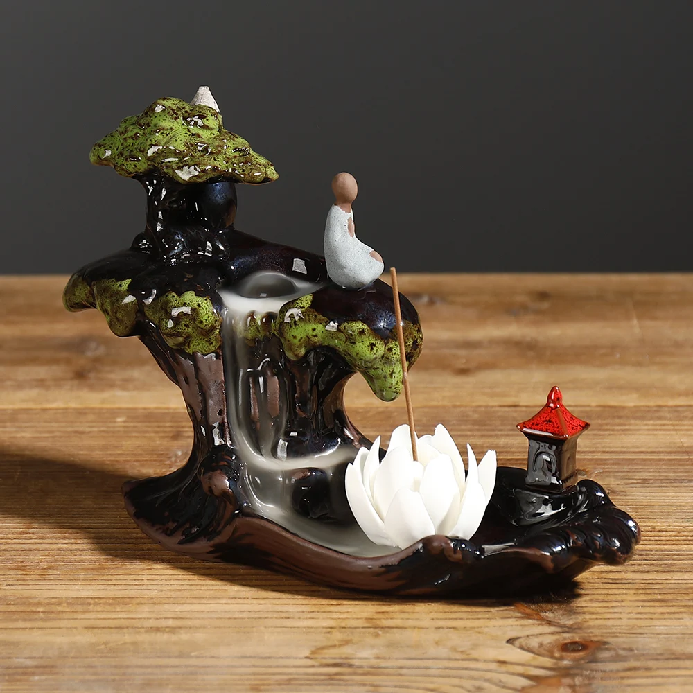 Zen Rockery Landscape Home Decorations White Porcelain Incense Stick Cone Censer Ceramic Waterfall Backflow