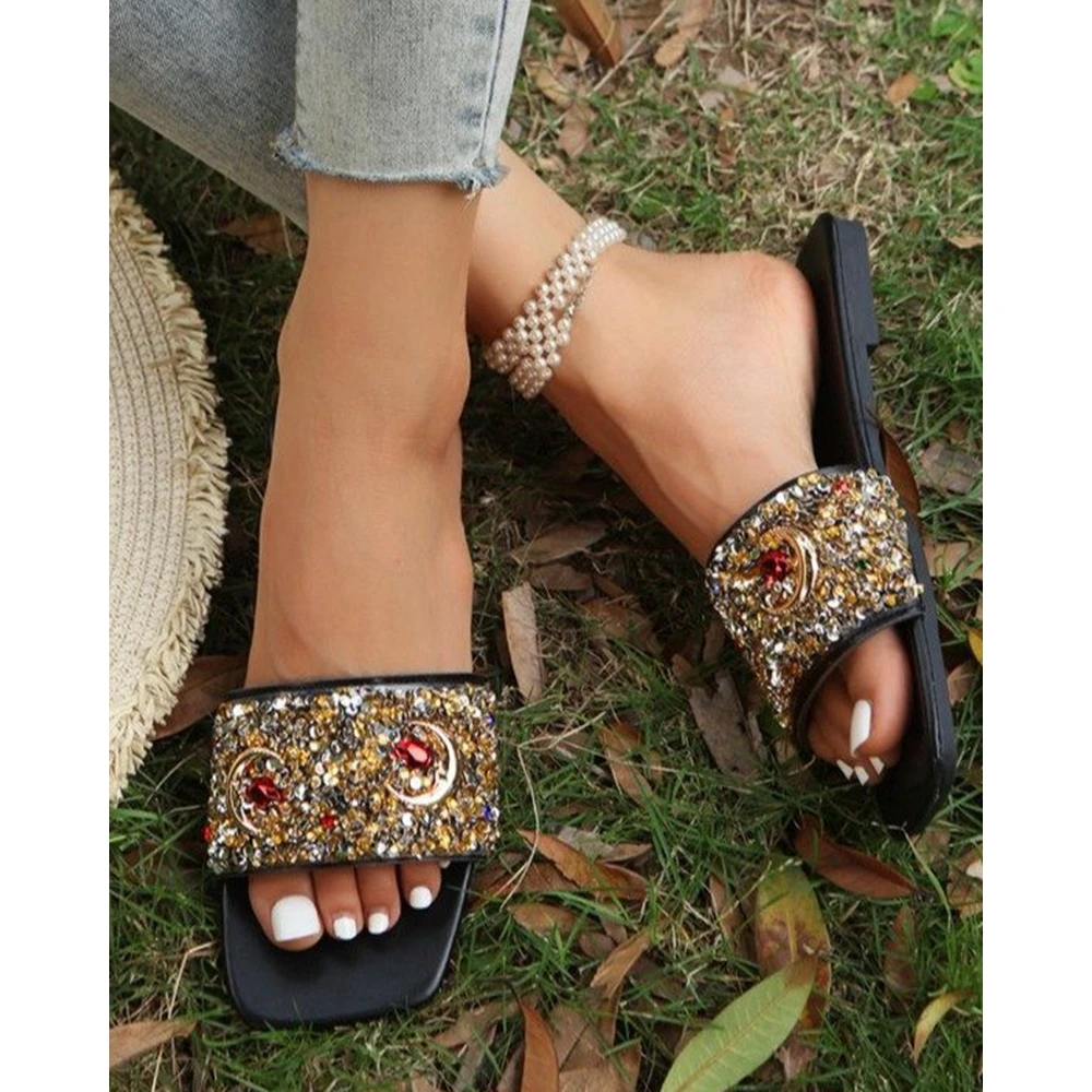 Fashion Women Rhinestone Decor Flat Slippers Square Toe Casual Outdoor Slippers Autumn Summer Going Out Beach Shoes