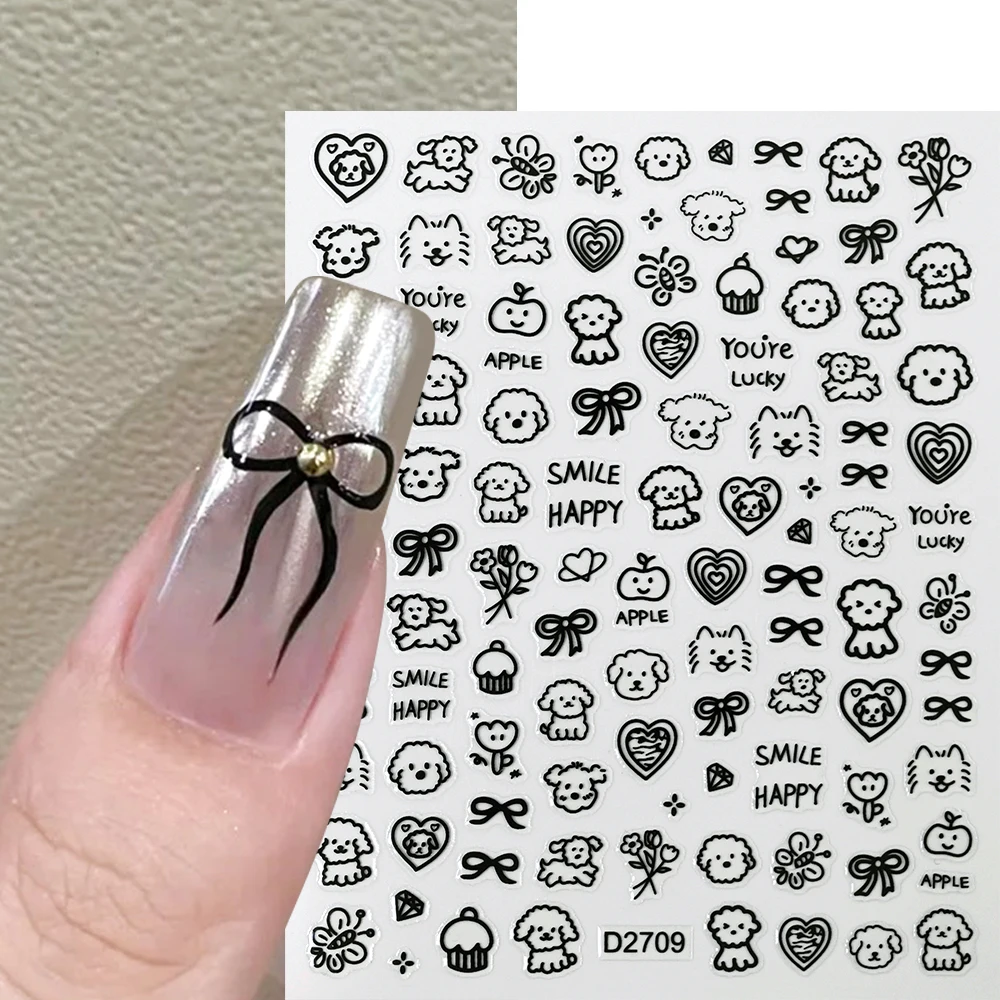 1Pc Black Graffiti Cat Cartoon Nail Stickers Heart Stars Letters Nail Decals Kawaii Nail Art Tattoos y2k DIY Manicure Accessory