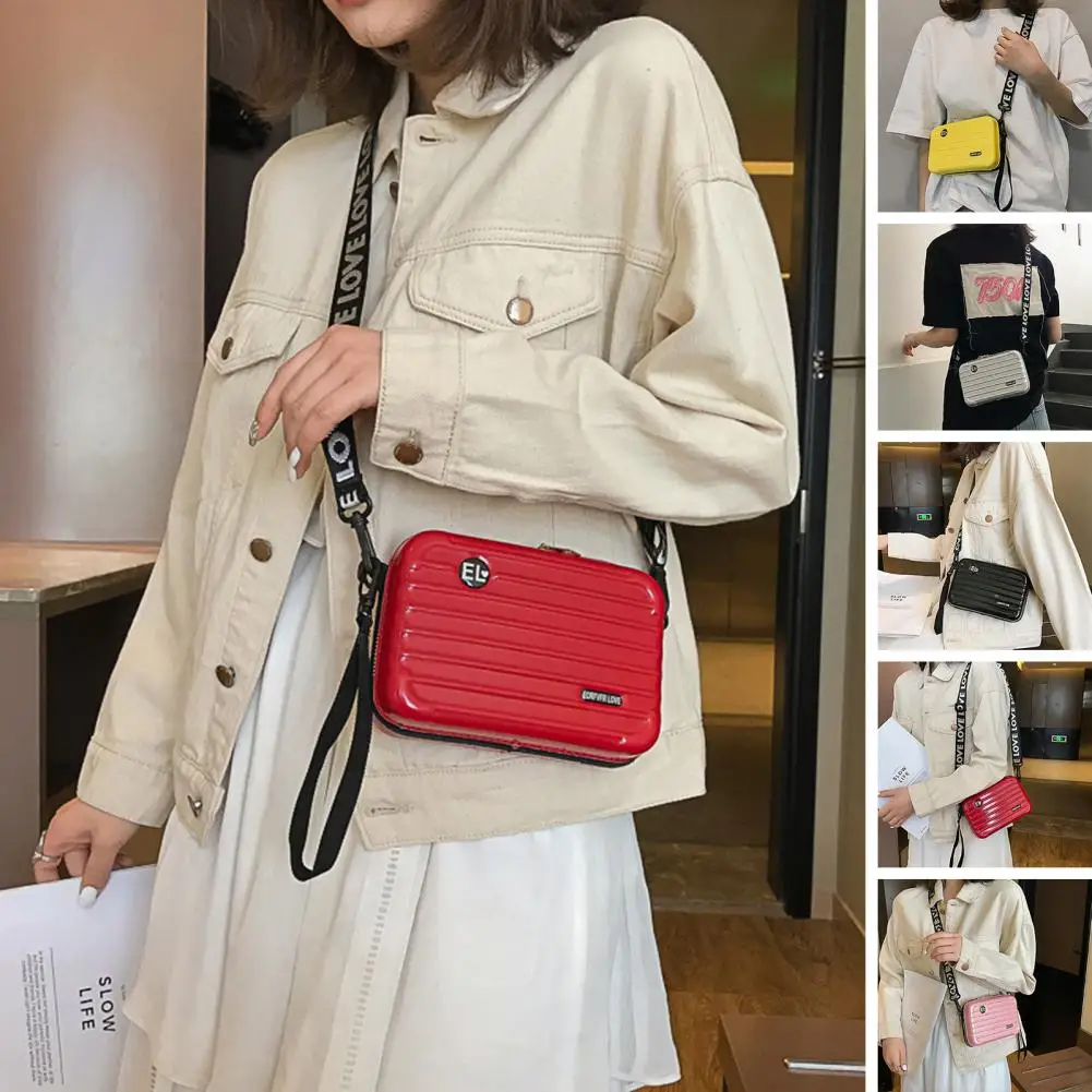 Bolsa de Ombro do Fecho do Zipper, Forma de Bagagem Novidade, Letter Print, Hard Shell Design, Suporte do Telefone Crossbody, Novidade