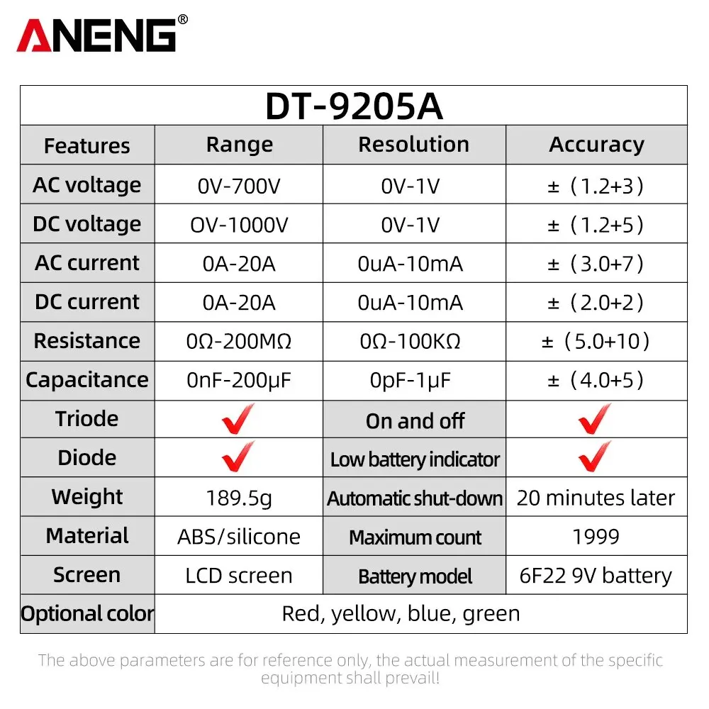 ANENG DT9205A Digital Multimeter AC/DC Transistor Electrical NCV Tester Meter Profesional Analog Auto Range Multimetro Tools