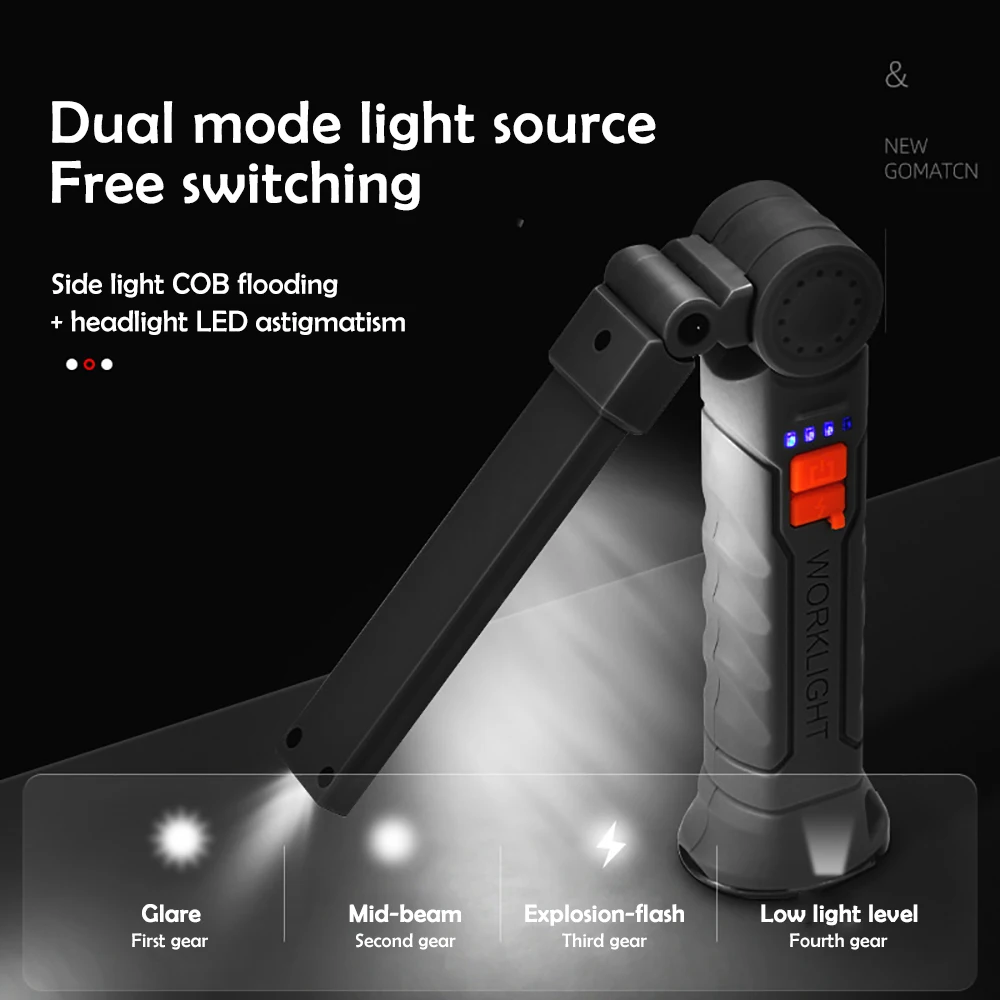 Durable Magnetic Base LED Folding Flashlight 360° Rotate Rechargeable Emergency Work Light for Car Repair Garage and Camping DIY