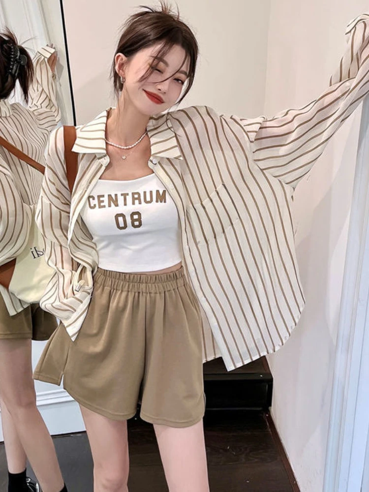 Shirts Women Striped Basics Creativity All-match Daily Sunscreen Leisure Lovely Korean Style Prevalent Age-reducing New Simple