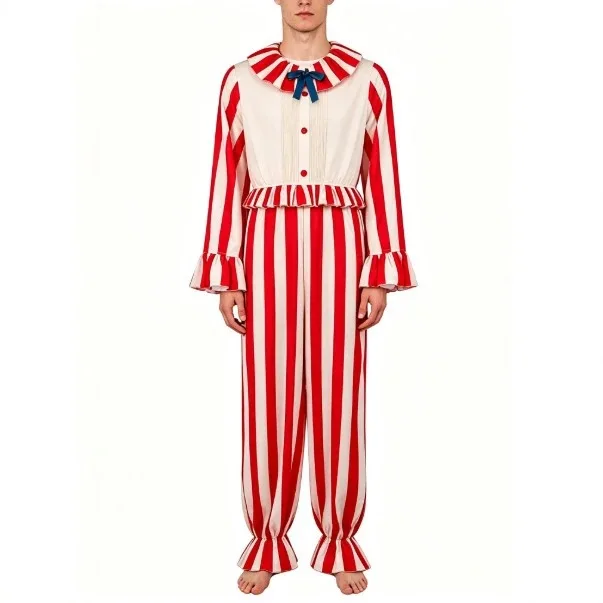 Halloween Scary Corn Clown Cosplay Costume Striped Jumpsuit Horror Party Outfit Corn Clown Bodysuit Carnival Paty Suit AniMuse view 2