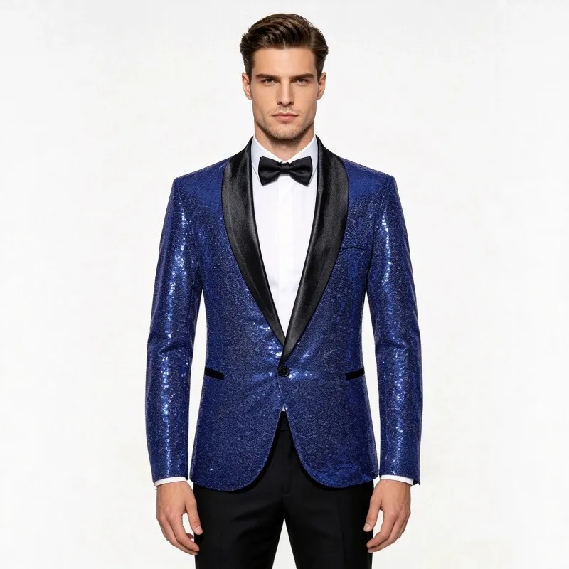 Men Shiny Sequin Jacket Black Satin Lapel Single Button Blazer Slim Fit Formal Suit Coat Party Wedding Stage Performance Outwear