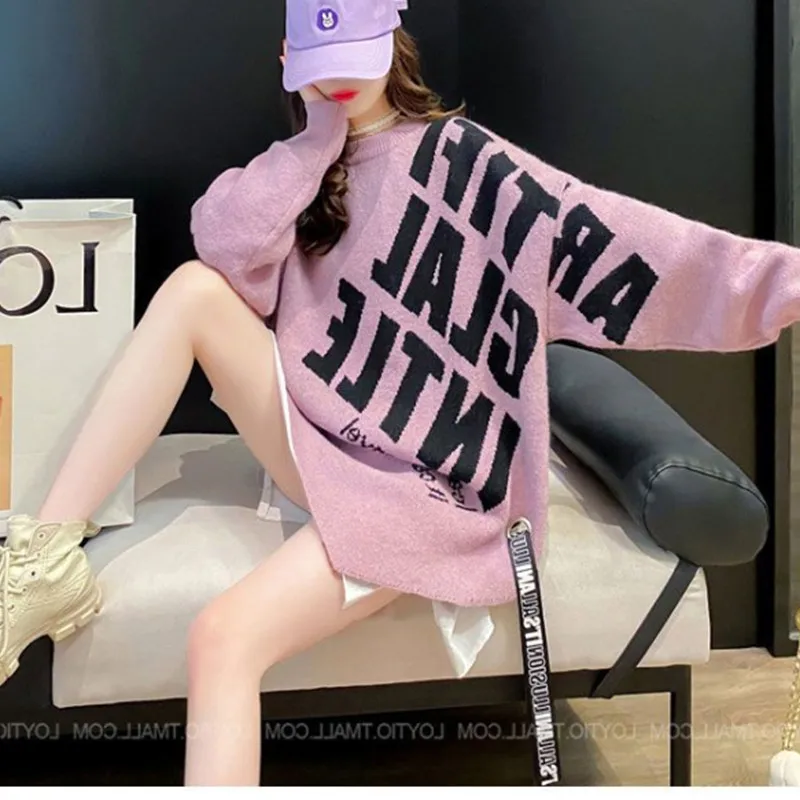 2023 Autumn/Winter Korean Edition New Irregular Mid Length Sweater Women's Fashion Knitwear Loose and Lazy Style Coat Trend