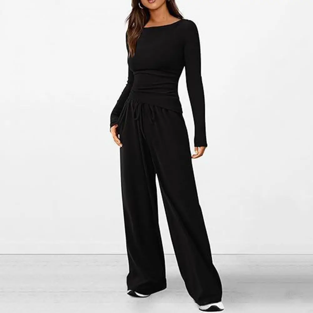 Women Solid Color Suit Two-piece Suit Stylish Women's Top Pants Set with Round Neck Blouse Wide Leg Trousers Solid for Fall