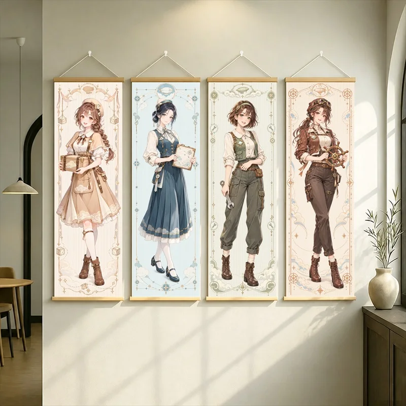 Anime Girls in Brown and Green Outfits Hanging Scroll with Delicate Floral Borders and Soft Anime Style for a Reading Nook