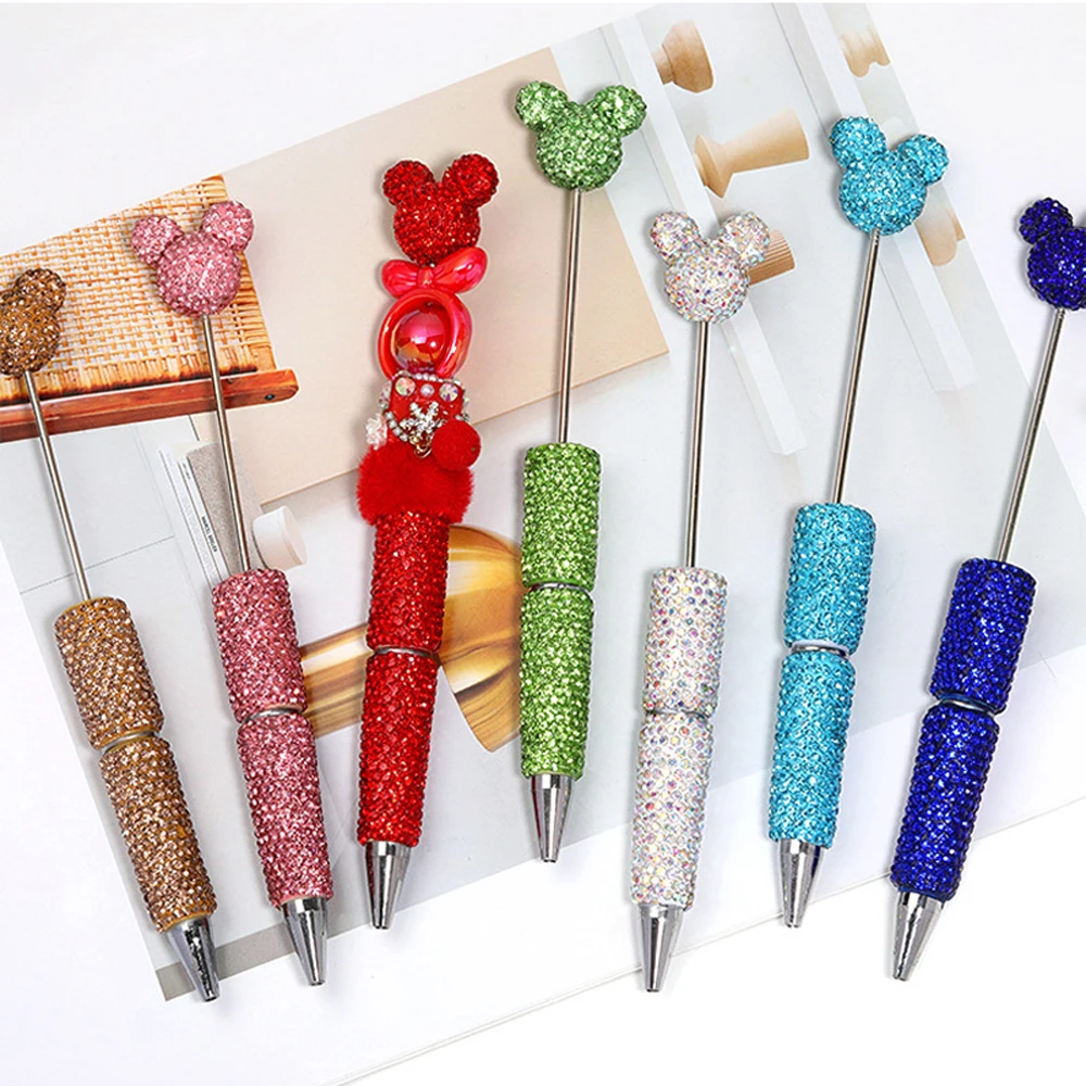 7 قطع من أقلام حبر جاف كاملة من حجر الراين DIY - قطعة علوية برأس ميكي، قلم خرز عملي للمدرسة والمكتب والهدايا