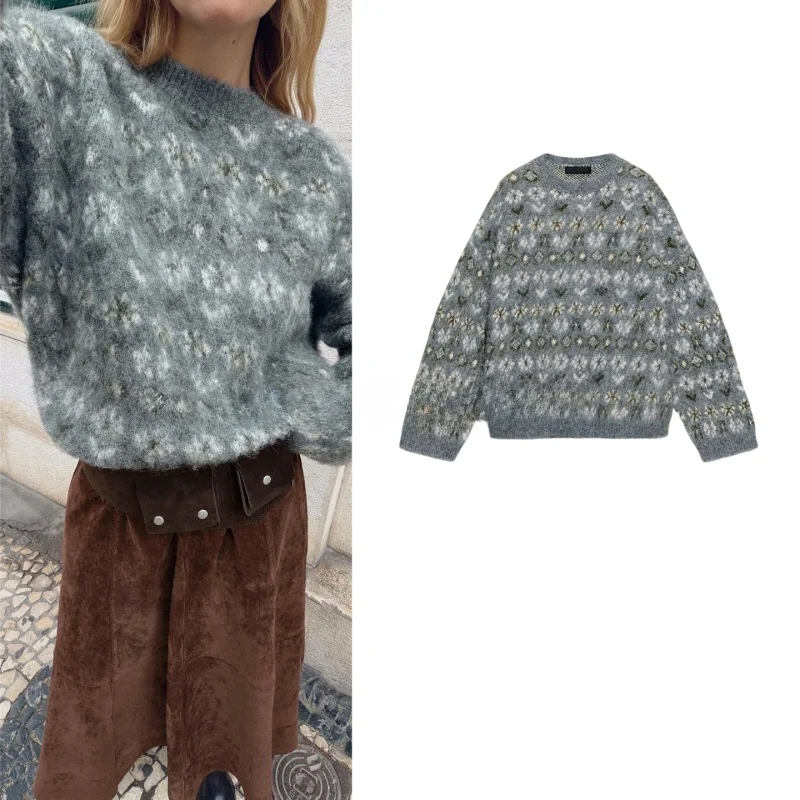 

Autumn Winter Women's Knitted Long Sve round Ne Color Fade Effect Embroidery Ribbed Polyester Fiber Casual Sle