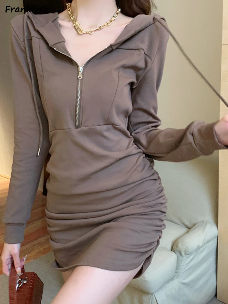 Hooded Dresses Women Solid All-match Zipper Niche Slim Elegant Trendy Office Lady Spring Streetwear Leisure Korean Style Chic