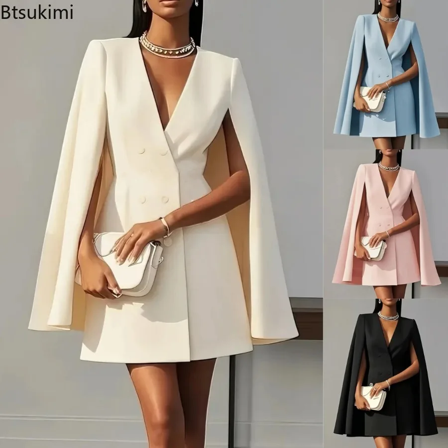 

New Women's Fashion Commuter Solid Blazers Dress Office Double Breasted Party Dress Elegant V-neck Shawl Cape Sleeve Midi Dress