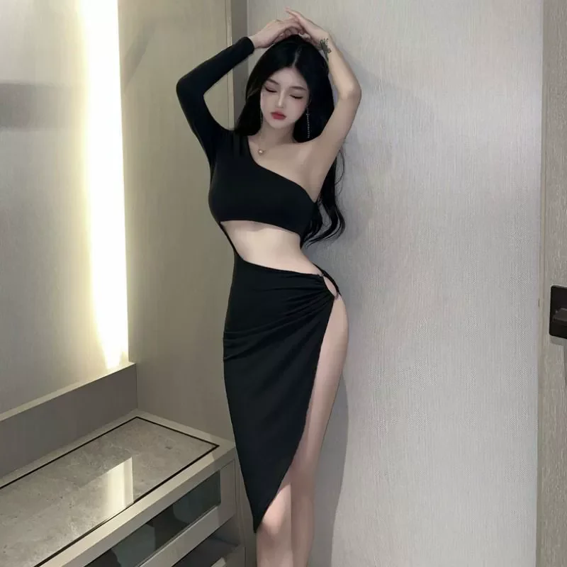 Fashion Off Shoulder High-waist Backless Solid Long Dress Sexy Elegant Hollow Out Split Dresses Summer Women Vestidos