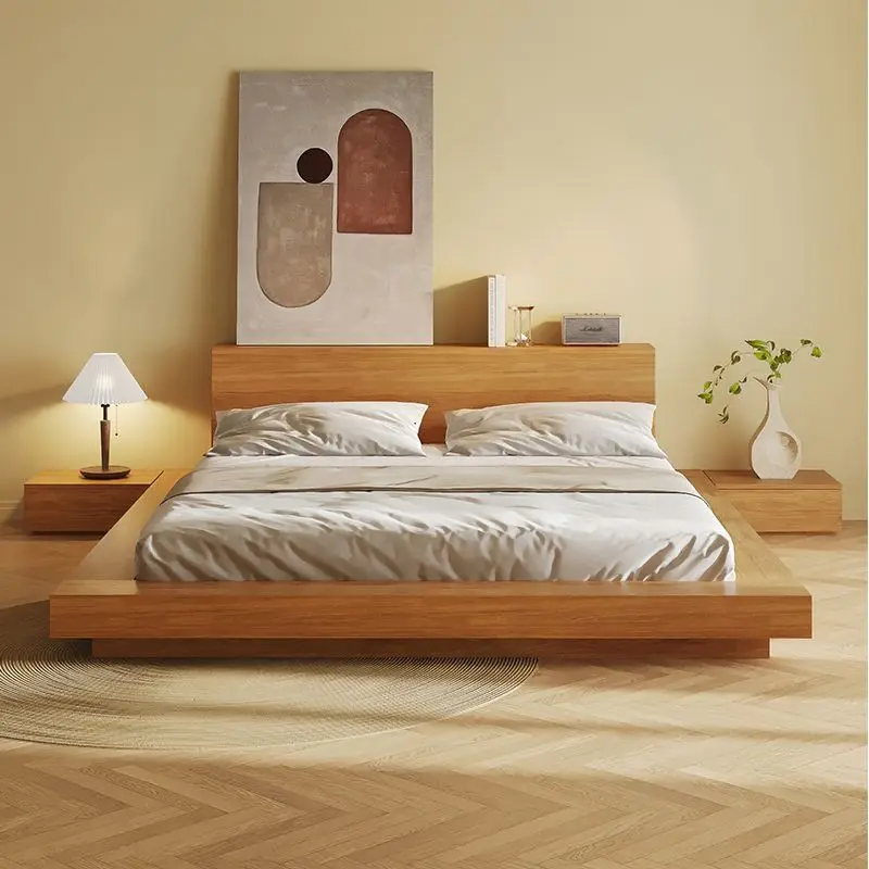 

Solid wood tatami master bedroom Nordic wabi-sabi floor bed double modern simple suspended bed