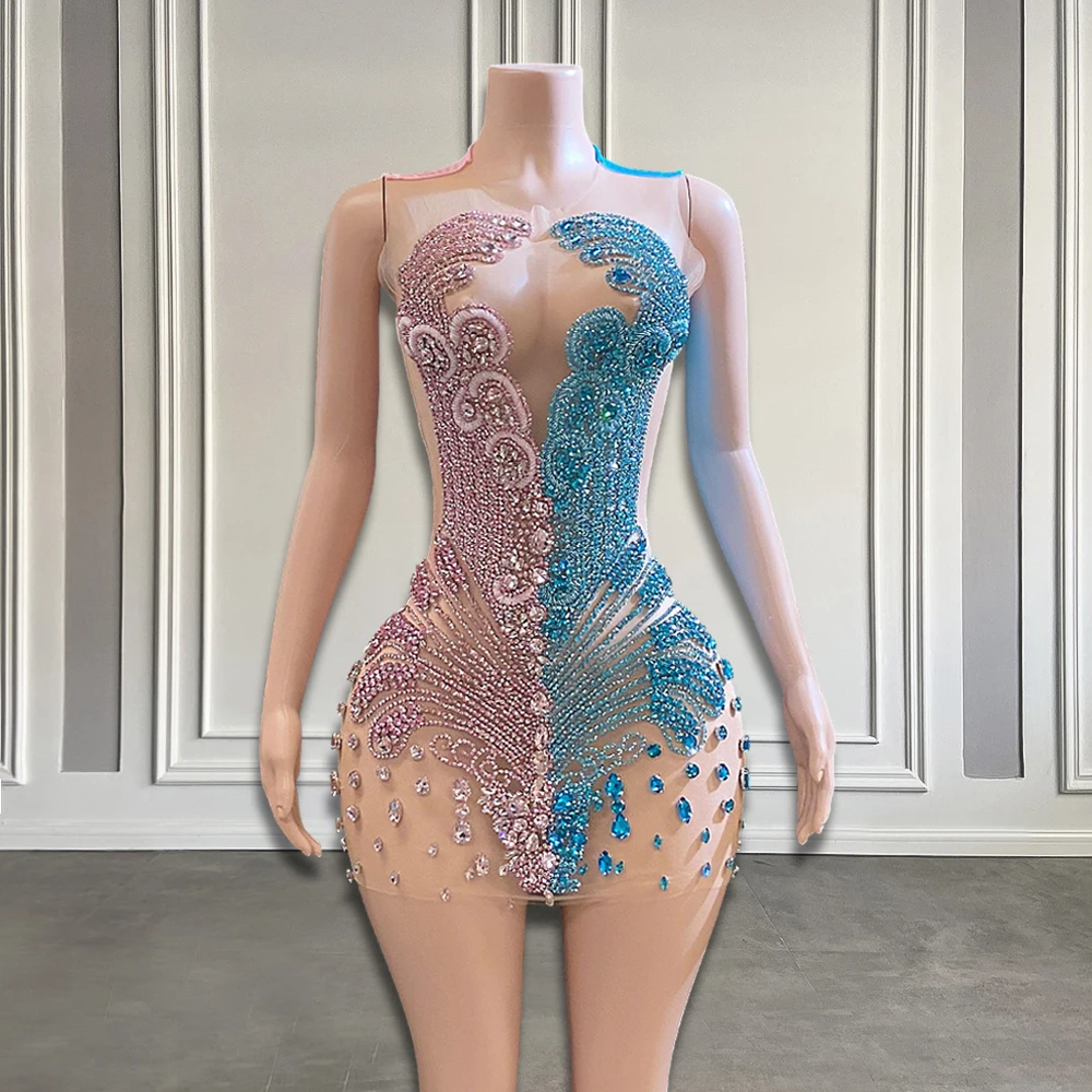 Pink and Peacock Blue Diamond Prom Dresses Short for Black Girl See Thru Sheer Neck Women Birthday Luxury Dresses Customized