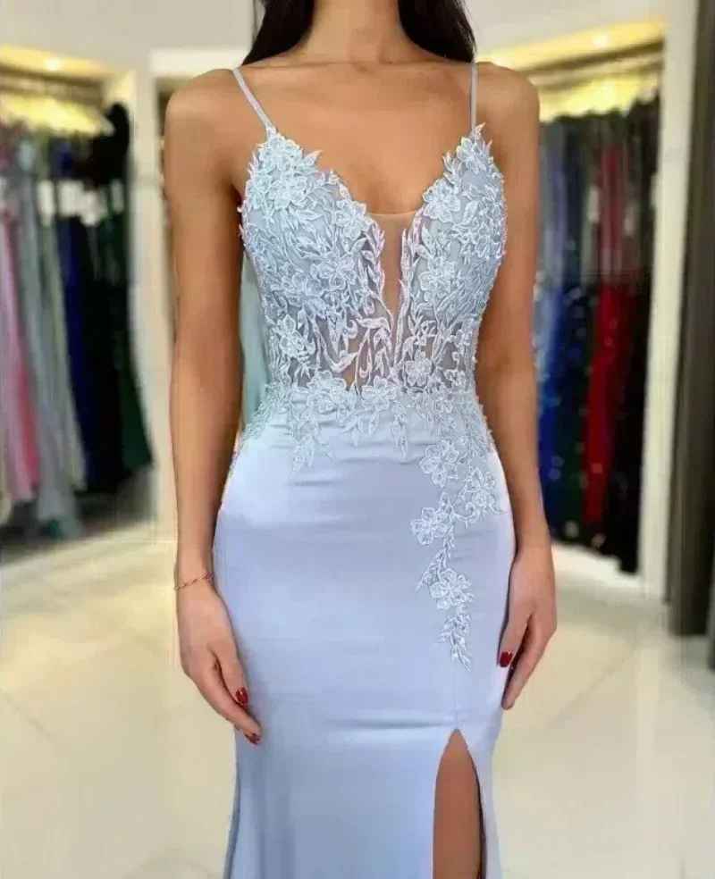 

Haute customized 2025 Elegant Evening Dress，Mermaid Spaghetti Straps Satin Zipper Floor length Applique Front Slit Formal Dress
