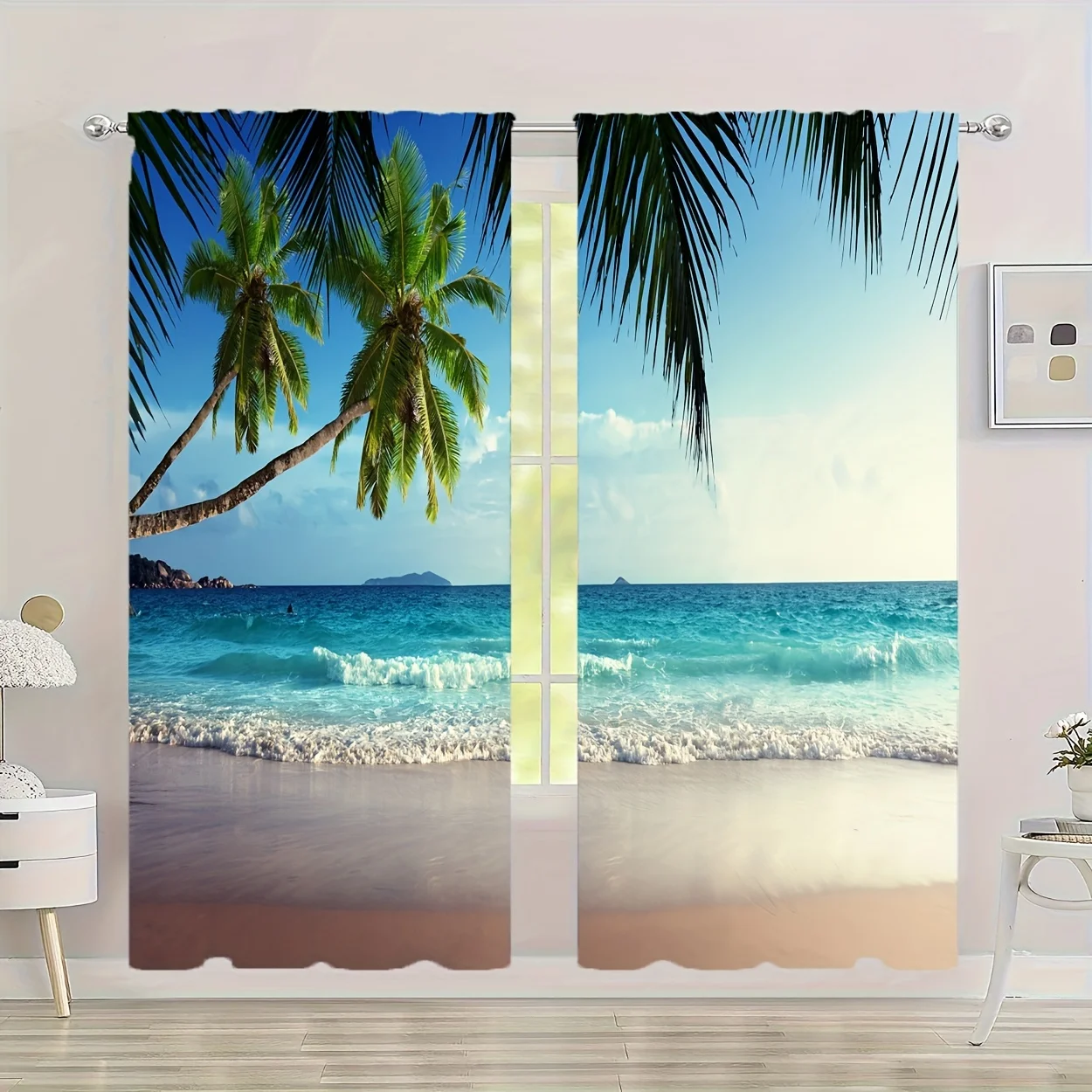 Waterproof Tropical Beach Curtains Palm Tree Ocean Resort Style Curtain Panels Window Decor for Bathroom Bedroom