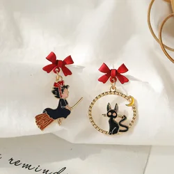 S925 Needle Japanese Red Bow Cartoon Kitten Drop Earrings Fashion Fairy Tale Witch Black Cat Earrings for Women Halloween Gifts