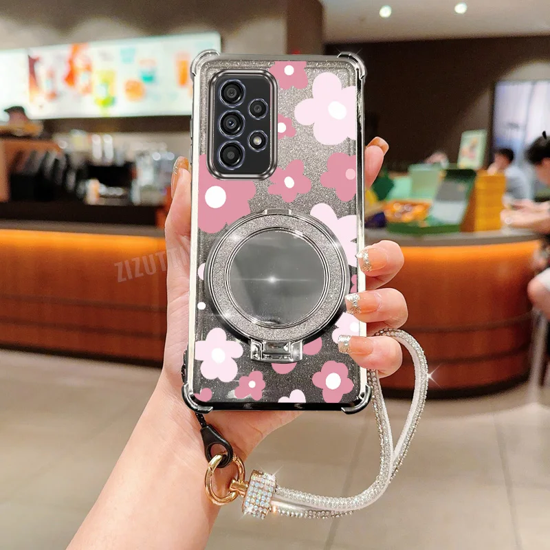 Shining Wristband Flower Phone Holder Case For Samsung Galaxy A13 A14 A15 A16 A24 A25 A34 A35 A36 A54 A55 A12 A22 4G 5G Cover