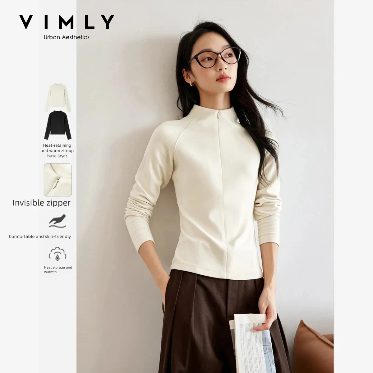 VIMLY Women's Mock Neck Long Sleeve T-shirt Fall Winter Slim-fit Warm Casual Tees Elegant Fashion Minimalist Tops Female M8792