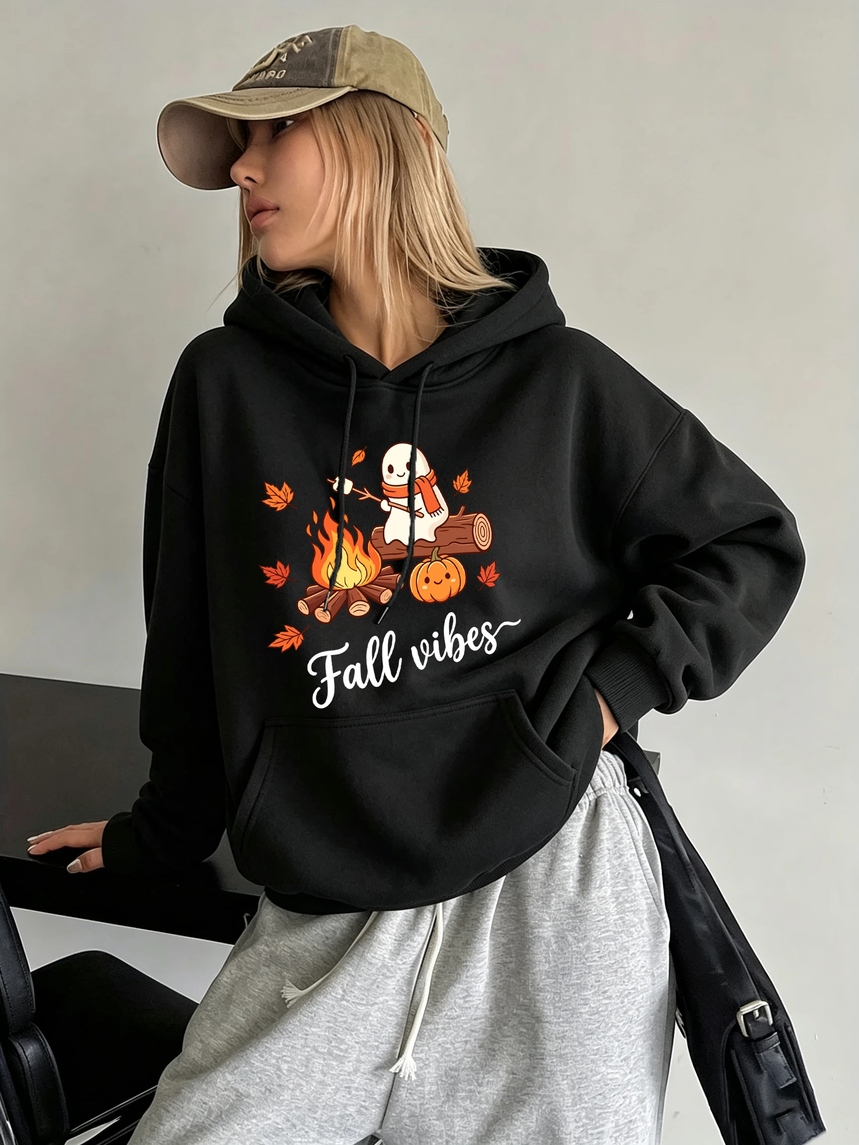 Fall Vibes Ghost Halloween Printing Women Hoody Pocket Oversized Autumn Hoodie Korean Comfortable Clothes Fleece Streetwear