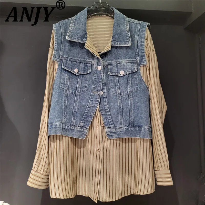 

ANJY Autumn New Women Chic Fake Two Pieces Coat Turn-down Collar Denim Patchwork Shirt Single Breasted Stylish Casual Tops A9911