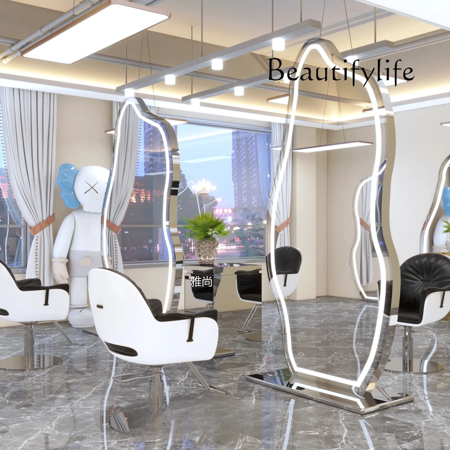 Hair Salon Dressing Table Double-Sided Floor Wall Mirror Led with Light