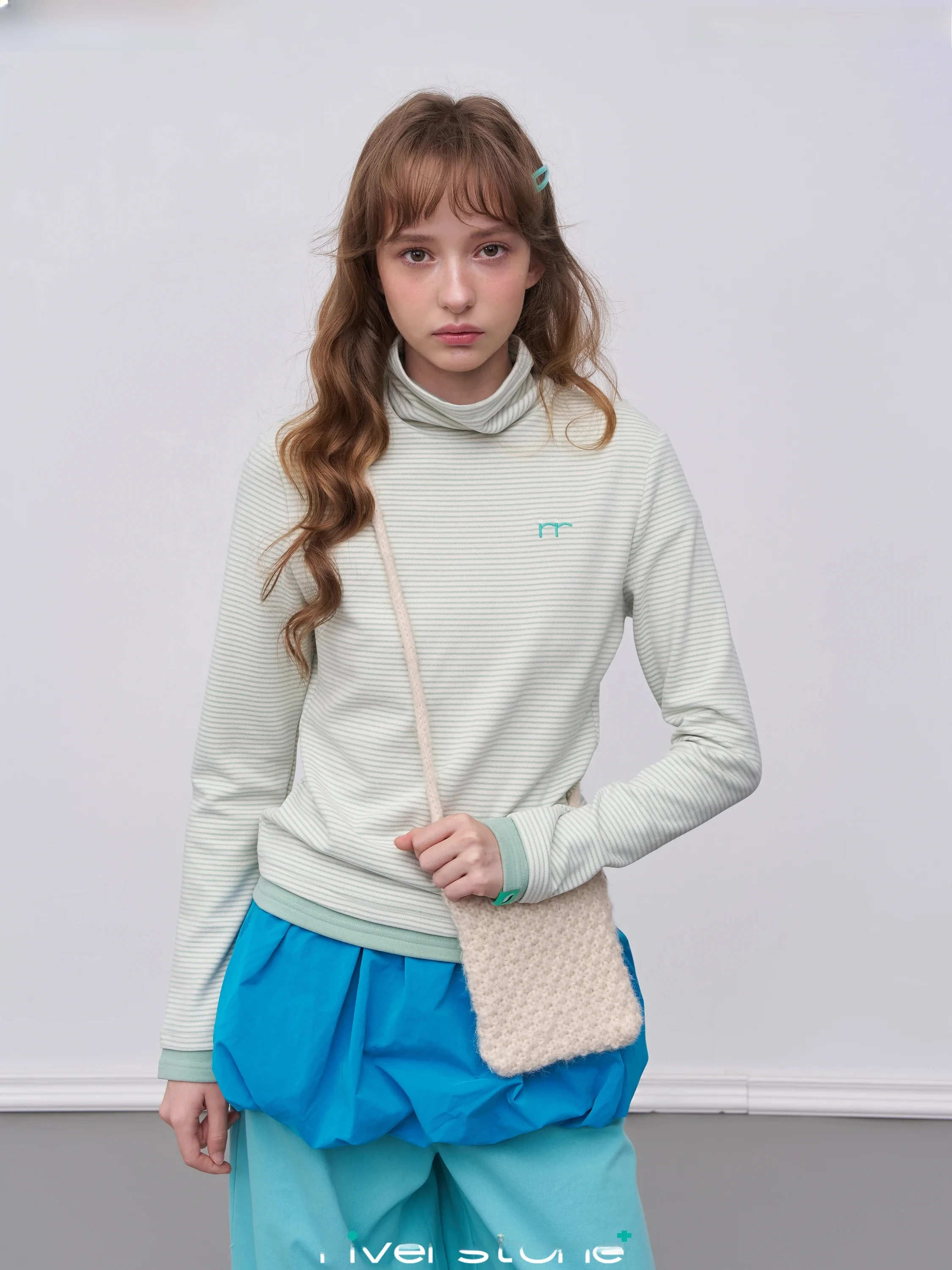 Riverstone plus Thickened High Collar Long Sleeve T-Shirt Women Winter Versatile Base Layer Shirt Top Furry Striped Base Layer