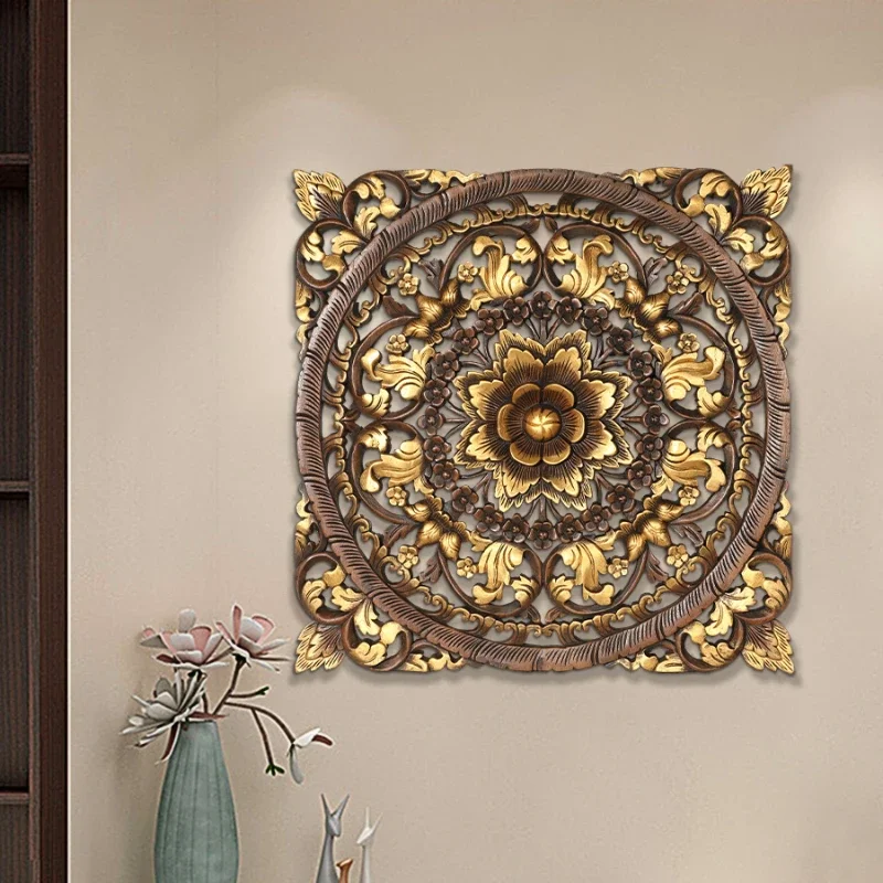 Teak Gold Painting Carved Board Wood Carved Pendant Restaurant Home Living Room Wall Ornament Wall Hanging