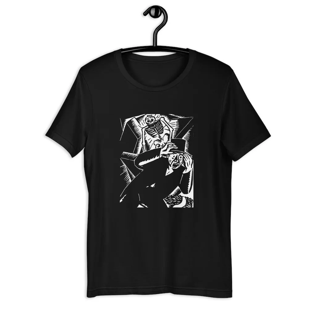 Skeleton Chasing The Bourgeoisie T Shirt White On Dark