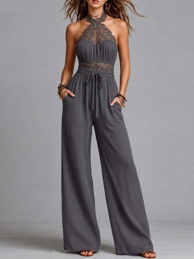 Solid Women Lace Jumpsuits For Spring Summer Sleeveless Halter Neck Loose Fashion Streetwear Overalls Pants Trousers 2026
