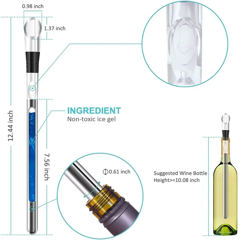 Wine Chiller 3 in 1 Stainless Steel Wine Bottle Cooler Stick Rapid Iceless Wine Chilling Rod with Aerator and Pourer YY014