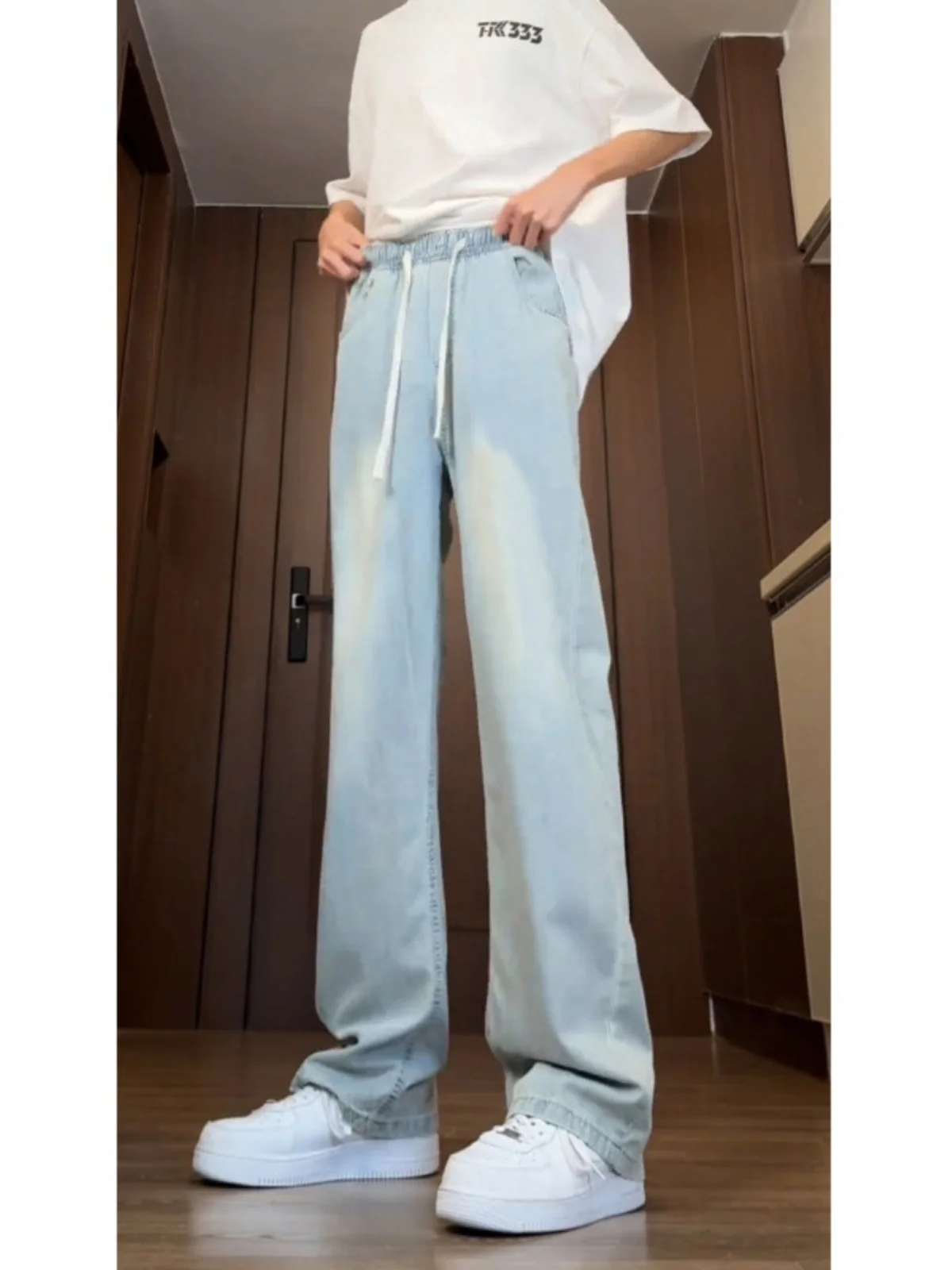 

Light Blue Ice Silk Dstring Jeans Men's Summer Thin Straight Leg Lengthening Waist up Jeans Trendy Street Sle Cotton Pol...