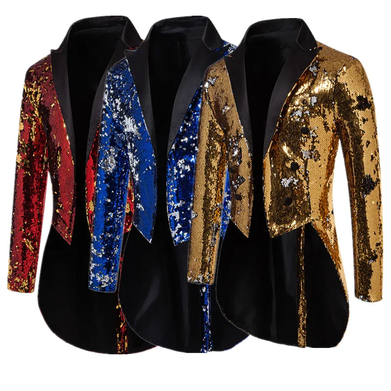 

British Style Men Luxury Sequins Tuxedo Jacket Fashion Court Wedding Banquet Suit Singer Stage Performance Dress Blazer Coat