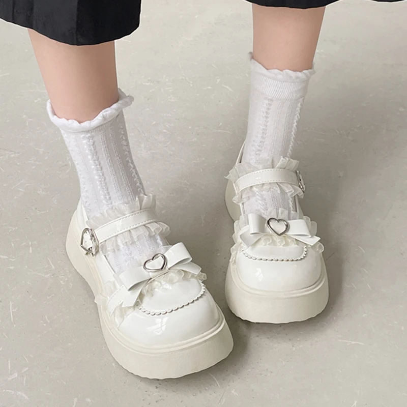 Kawaii Lace Bowknot White Lolita Shoes Women 2022 Heart Buckle Platform Mary Janes Woman Japanese Style Patent Leather Jk Shoes