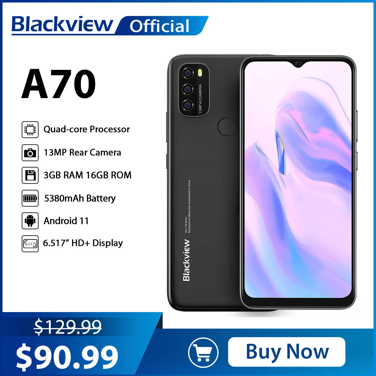 Blackview A70 Android 11 Smartphone 6.52 Inch Display Octa Core 3GB RAM+32GB ROM 5380mAh 13MP Rear Camera 4G Mobile Phone