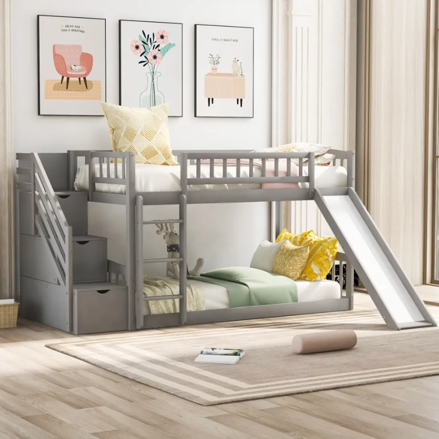 Stairway Twin over Twin Bunk Bed with Two Drawers and Slide Gray OLD SKU :LT000155AAE