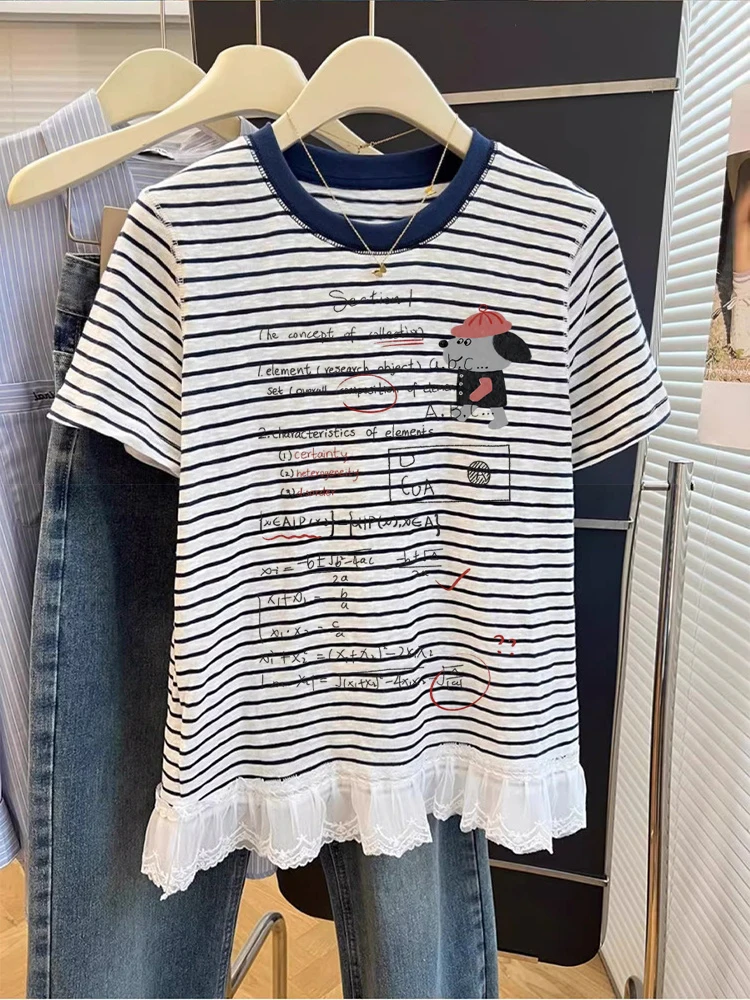 Faionable شريط الدانتيل تقليم ort Sve تي شيرت ex الصيف فريد جميل أعلى السيدات عارضة فضفاضة تناسب العرق ماصة