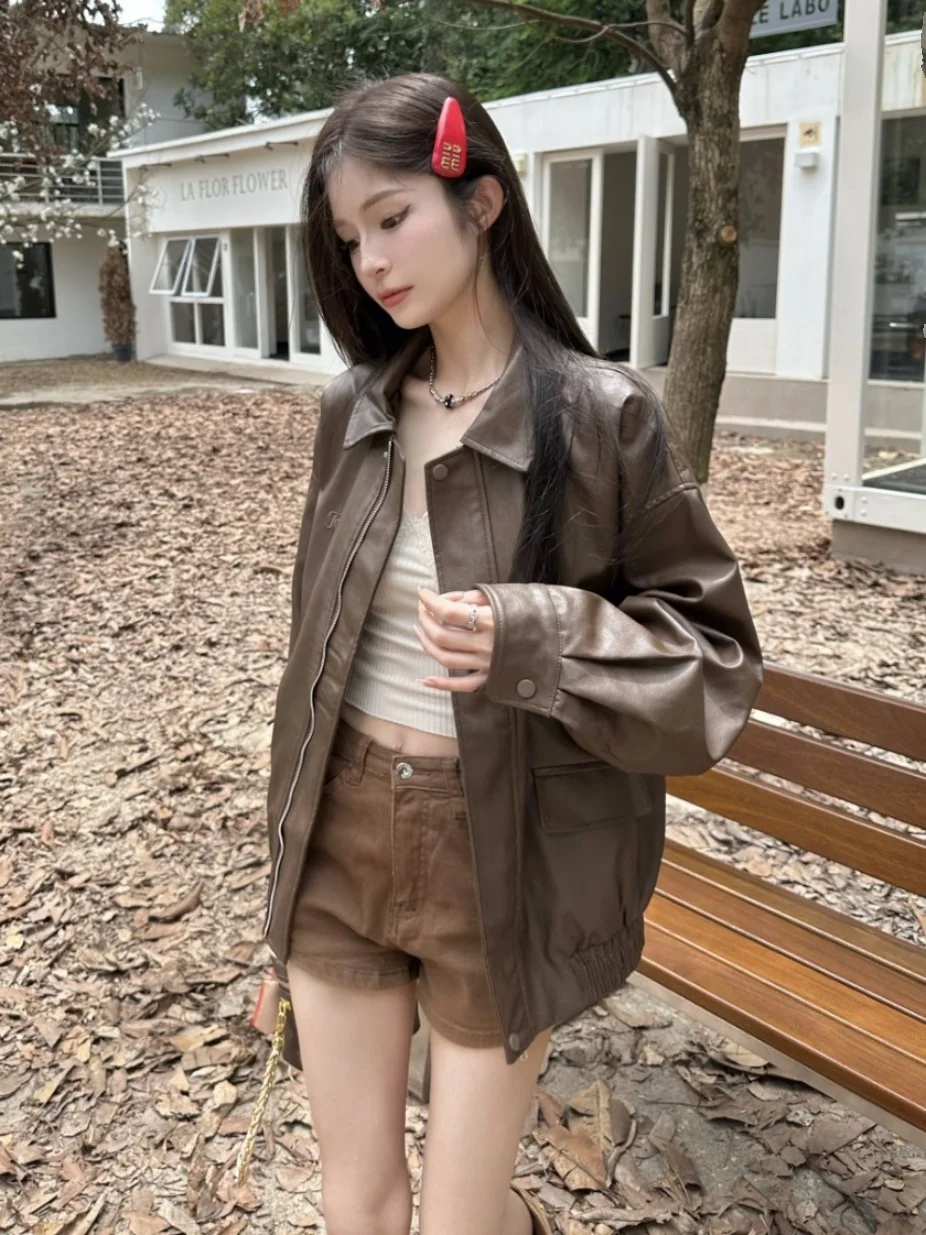 American Coffee Colored Leather Jacket Women's Winter Black Sweet Cool Style Motorcycle PU Leather Loose Long Sleeved Top