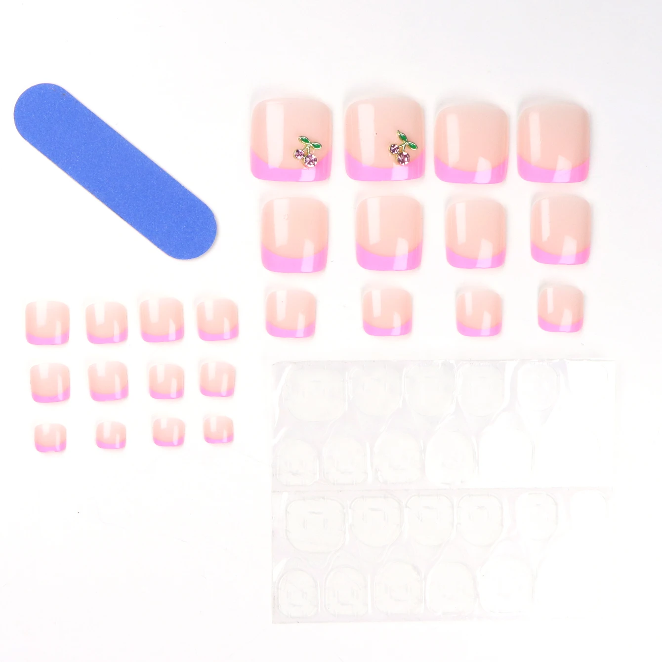 24 ชิ้นอัพเกรดลุคของคุณด้วยขอบสีชมพูออกแบบเชอร์รี่เท็จนิ้วเท้าชุด 1 ชิ้นตะไบเล็บและ 1 กาวเล็บชุดสติกเกอร์เล็บ