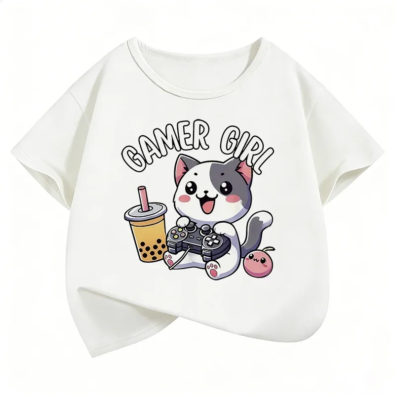 Cute Cat Game Girl Pattern Children's T-shirt - Summer Short-Sleeved Cartoon Boys and Girls Clothing - Loveable Top - Y2K Style