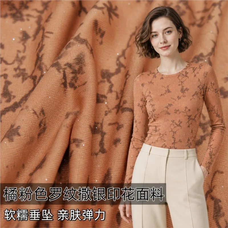 Soft and glutinous knitted orange-pink ribbed silver printed fabric cardigan dress pullover