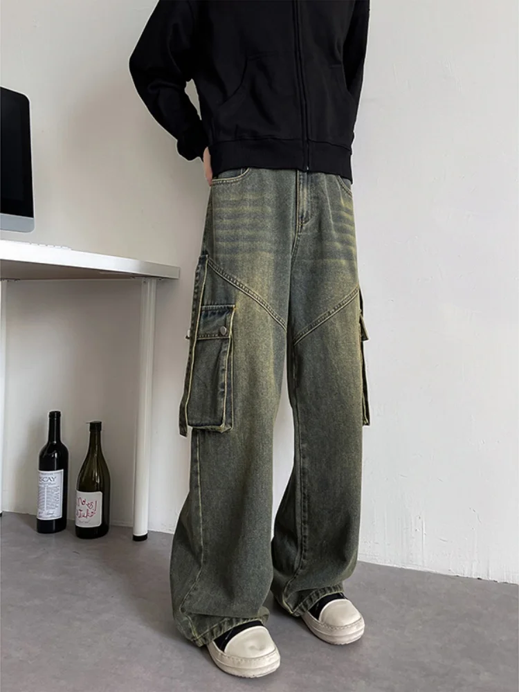 

Мужские джинсы в стиле ретро с широкими штанинами, весенне-осенние, модные, брендовые, с большими карманами, свободные, длинные, с эффектом потертости и выцветания