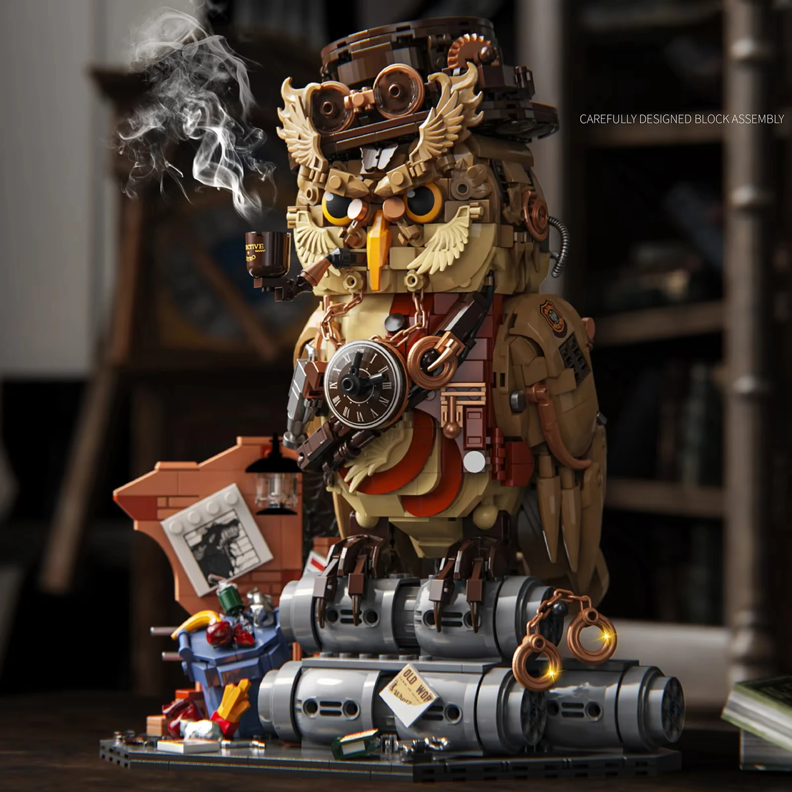 [Owl Detective] Mechanical Owl Building Blocks 1000+Particle Dark Night Style Stuffed Base Atmosphere Ornament