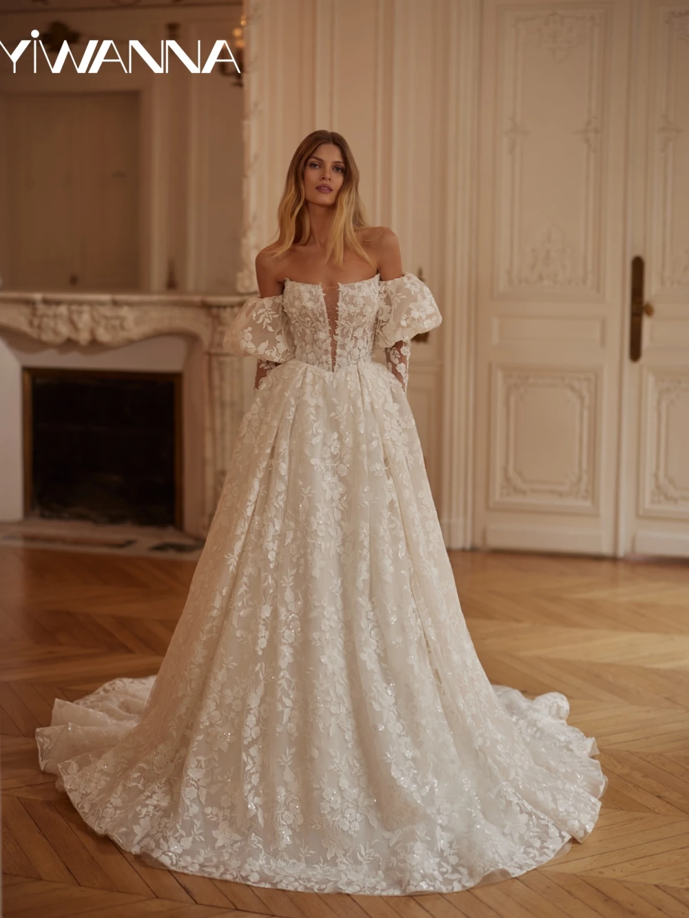 

Charming Sequined Lace Appliques Wedding Dress Without Gloves V-neck A-line Long Bridal Gown Customized Dreamy Dresses For Bride