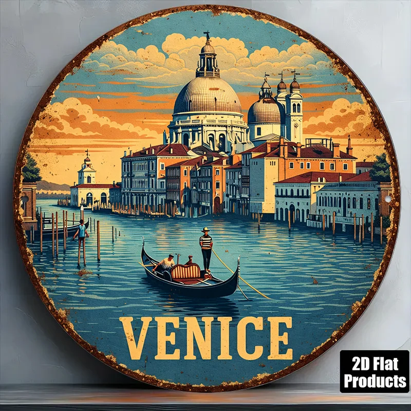 2D Flat - 1pc 8*8In/20X20Cm 2D Flat Round Sign, Venice Scenery Retro Plaque, Italian Gondola Boat Theme Decorative Sign, Suitabl