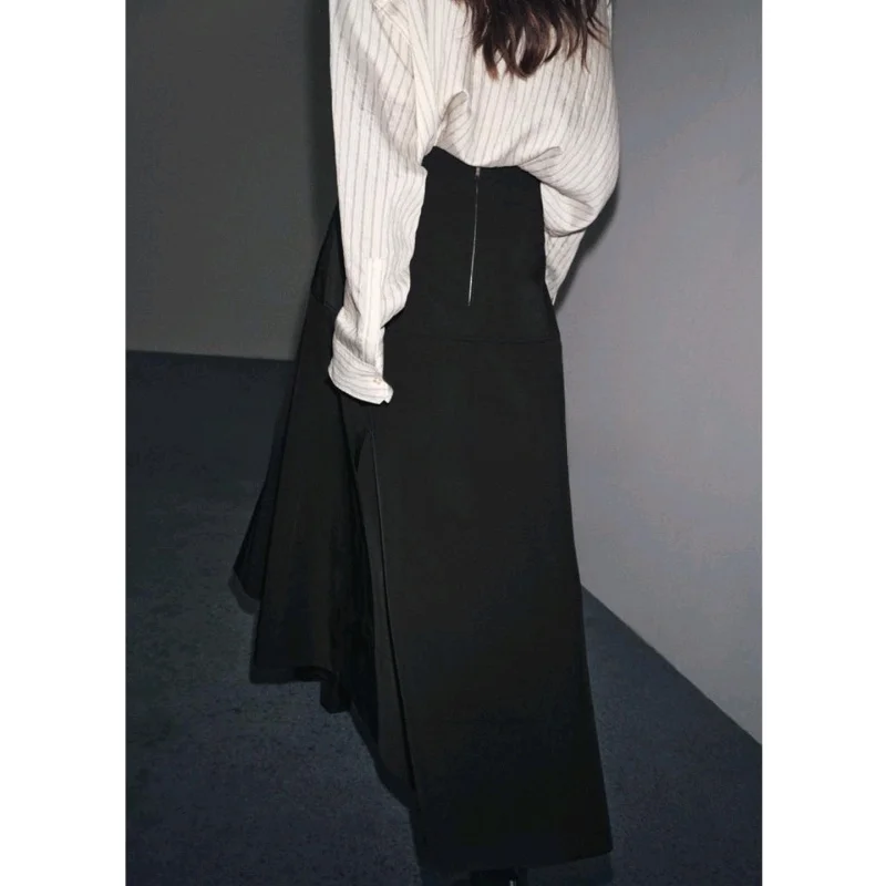 

Fall New Women's Mid-Waist Asymmetric Wide Hem Belted Skirt Casual Sle Pleated Polyester Fiber Stand Fit Autumn Faion